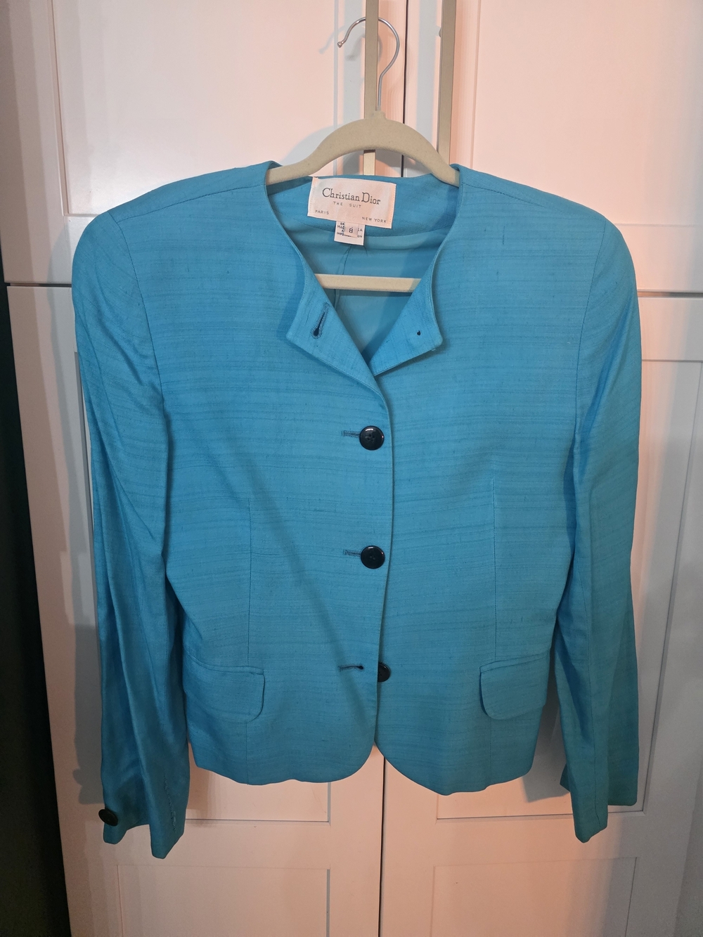 Vintage Christian Dior Women's Teal Collarless Jacket